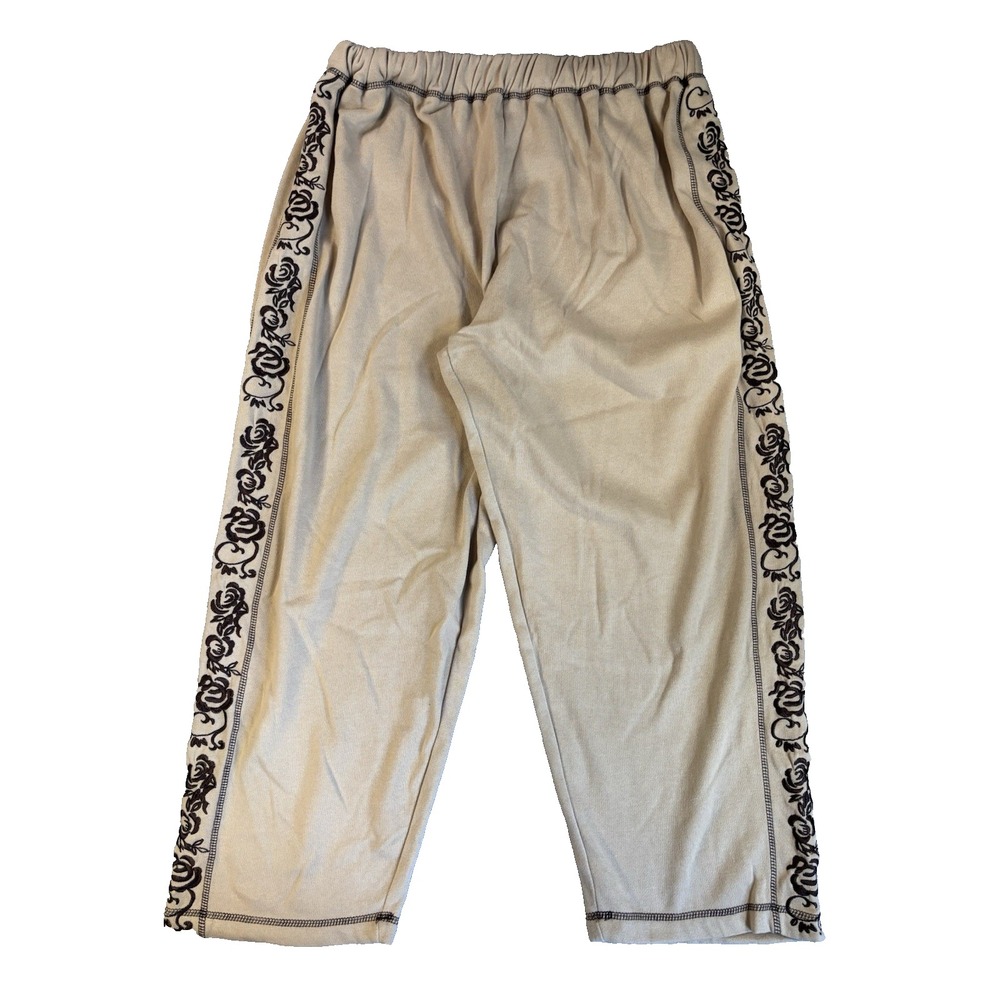 All American Comfort Pants Boho Cotagecore Fairycore Embroidered Floral Tan 1X